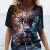 Women's T-shirt Summer Color Cat Print Women's Clothing V-neck Short-sleeved Animal Graphic Blouse Street Wear Oversized