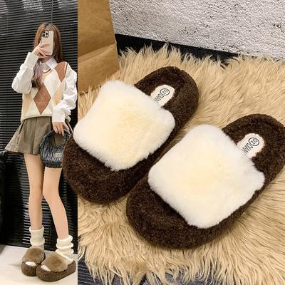 Пушистые тапочки на толстой подошве для женщин для ношения на улице осенью и зимой, новые домашние тапочки из хлопка с открытым носком для тепла в помещении для женщин