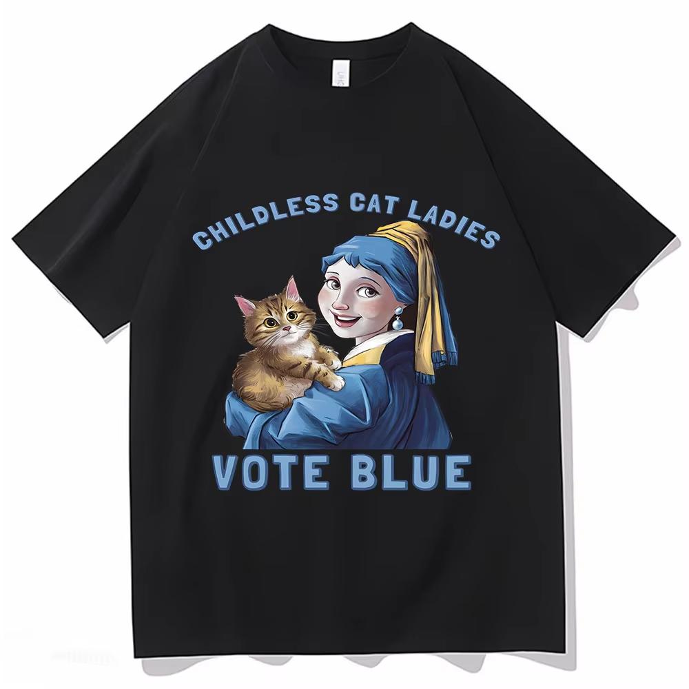 Childless Cat Ladies Vote Blue Aesthetic Graphic Tees Women Men Gothic Cotton Short Sleeve T-S