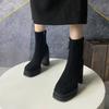 Эластичные тонкие ботильоны толстый каблук короткие ботинки женские осенне-зимние черные носки ботинки на толстой подошве женские ботинки новые высокие каблуки