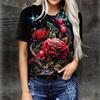 Women's Summer T-shirt, Red Rose Printed Short Sleeved T-shirt, Casual Printed Top