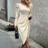 Women's Solid Color Dress with Winter Temperament Elegant Waist Hugging Round Neck Long Dress