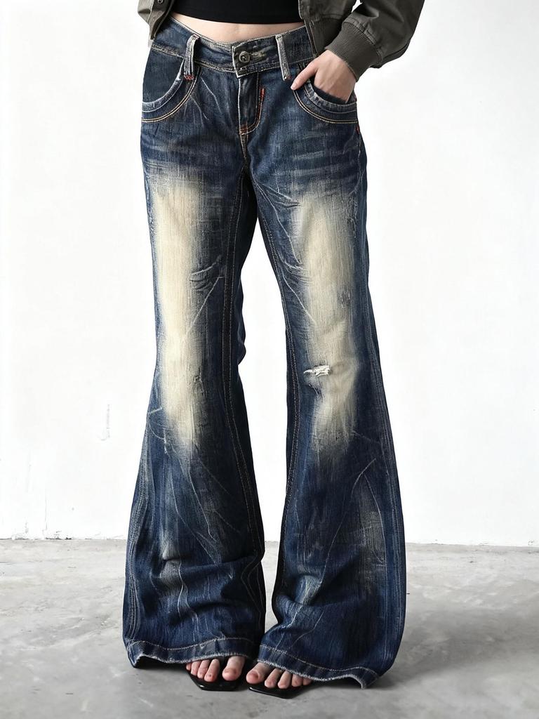 American Retro Washed Slimming Jeans - Spicy Girl Micro-flare Street Style Long Pants