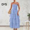 Lady Strapless Dress Off Shoulder Backless Sleeveless Beach Dress Layered Ruffle Scattered Hem Vacation Dress Elastic Bust Maxi Dress