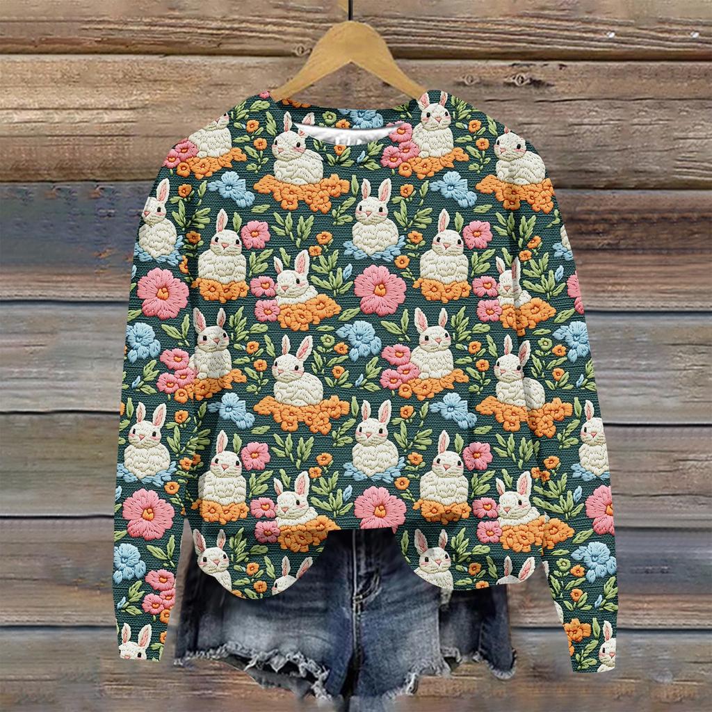 Женская мода Пасха Печатный Длинный рукав Свободный круглый вырез Толстовка Топ