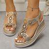 Модные женские сандалии-клинья с декором из хрусталя и жемчуга в богемном стиле, расшитые бисером сандалии на платформе для женщин, летние 2025, пляжная обувь на толстой подошве