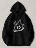 Black Pullover Hoodie with Cute Winking Droplet Graphic Print Casual Long Sleeve Sweatshirt with Kangaroo Pocket for Daily Wear