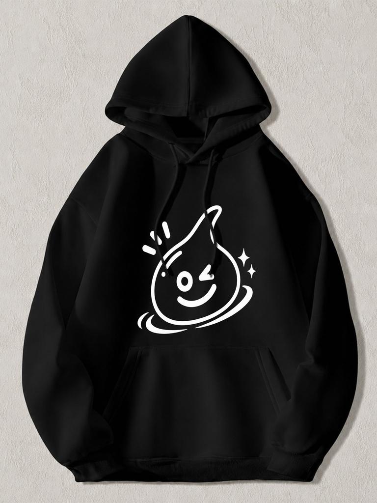 Black Pullover Hoodie with Cute Winking Droplet Graphic Print Casual Long Sleeve Sweatshirt with Kangaroo Pocket for Daily Wear
