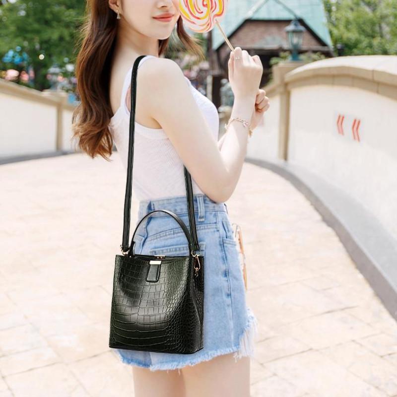 Винтажная сумка-ведро с узором под крокодила для женщин из искусственной кожи, дамская сумочка через плечо