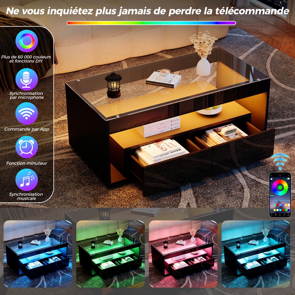 Modern Coffee Table with LED Light, Rectangular Sofa Table, 2 Large Drawers, Living Room Table Made of Glass, Double-Layer, High-Gloss, Black