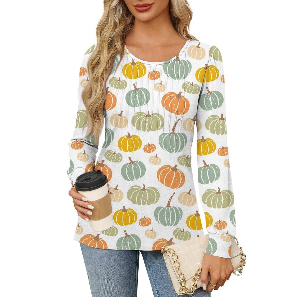 Long Sleeve Shirts For Women Cute Print Graphic Tees Blouses Dressy Casual Blouses Pleated Scooped Neck Tunic Tops Halloween
