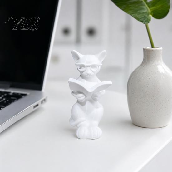 Декор для чтения книги "Кот" 3D-печатная статуэтка, Фигурка с очками, Художественное украшение, Современная декоративная скульптура животного для дома и офиса, Черный
