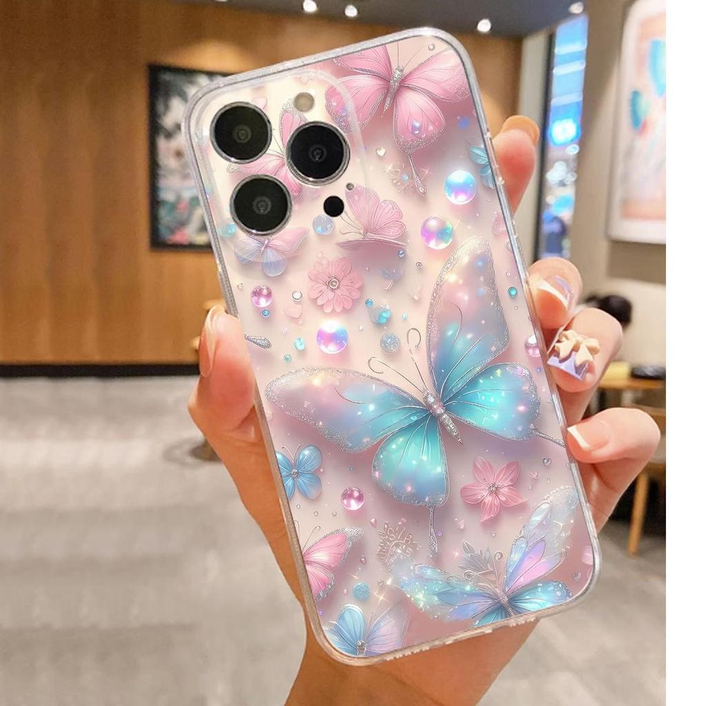 Прозрачный чехол с рисунком голубой бабочки, противоударный, для iPhone 14/15/16/17 Pro Max