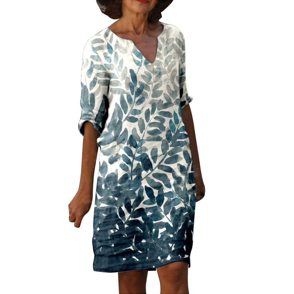 Women's Spring and Summer Fashion Painting Printed Five Sleeve Multi Color Medium Length Dress