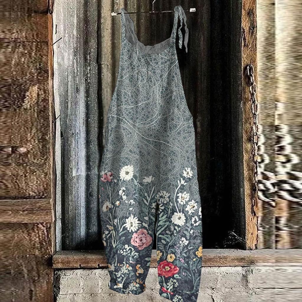 Женский комбинезон с цветочным принтом, повседневный свободный винтажный комбинезон из хлопка и льна