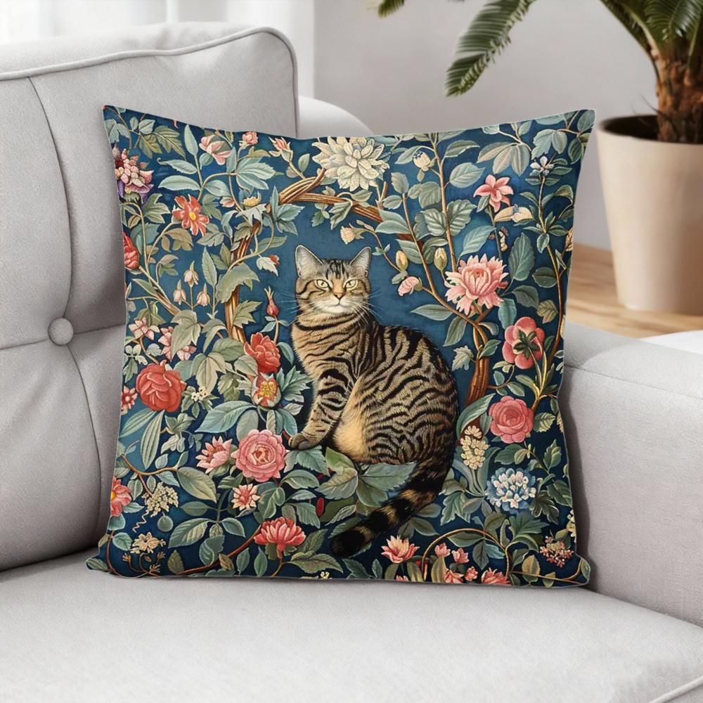 Vintage William Morris Style Cat Pillow Cover Floral Botanical Print Teal Turquoise Cushion Case For Sofa Couch Home Decor