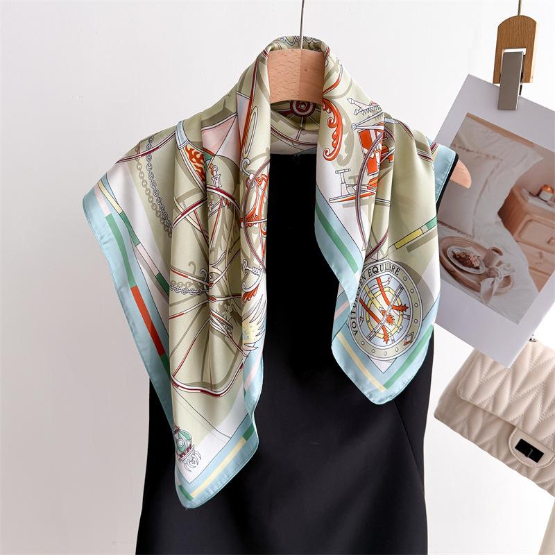 Retro Mechanical Printing Silk Scarf Square Scarf High-End Shawl Professional Versatile Neck Small Square Scarf Headscarf