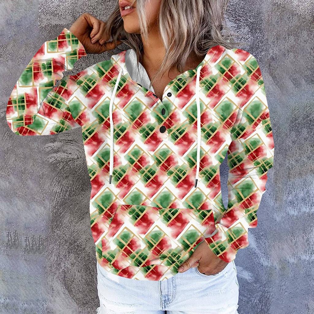 Женские повседневные модные принты с длинным рукавом на пуговицах пуловеры с капюшоном толстовки