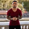 Muscleguys Новые поступления, мужские удобные хлопковые футболки с короткими рукавами, дышащая футболка с v-образным вырезом, модная приталенная футболка с короткими рукавами