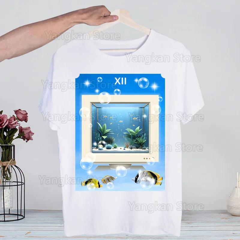 Frutiger Aero Men Shirt Harajaku Mens Clothing Summer Streetwear Casual Loose Print Tee Short Sleeve Tops