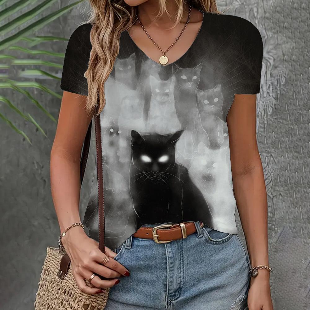 Футболка с рисунком кошки, женская одежда, модный топ с V-образным вырезом, летняя, новая, свободная, с коротким рукавом, повседневная, элегантная женская футболка