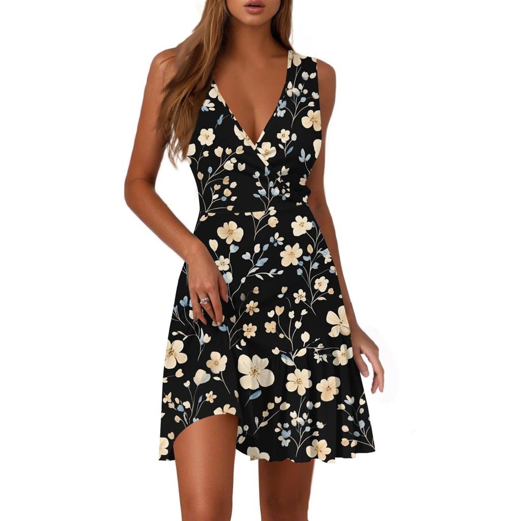 Ladies Casual Fashion V-Neck Sleeveless Print Dress