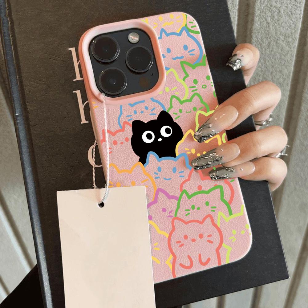 Abstract Cartoon Black Cat Cool Lichee leather pattern Phone Case For Redmi A5 A3 A1 14C 13 12 10 9 8 K60 Ultra Shockproof Cover