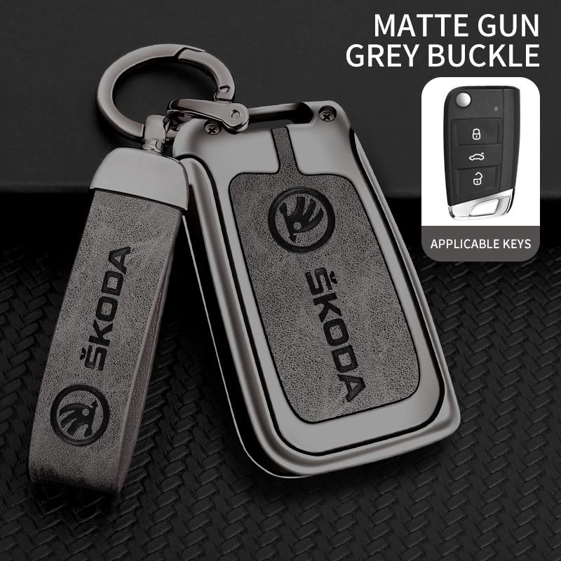 JKFB8 Zinc Alloy Leather Car Flip Remote Key Case Cover Holder Shell for Skoda Octavia Kodiaq Karoq Protector Car Keychain Accessories