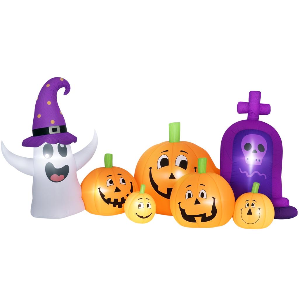 Inflatable Halloween Pumpkin with Ghost Tombstone with LED Lights IP44 and Inflator for Parties 240x130x130 cm Multicolor