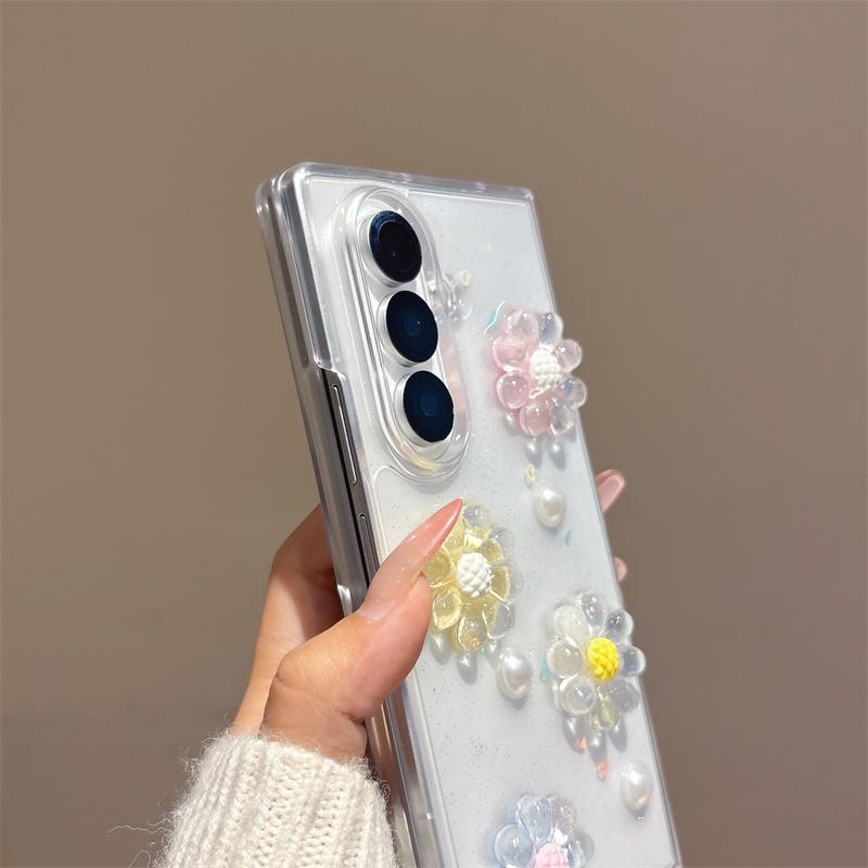 3D ромашка с блестками Прозрачный чехол для Samsung Galaxy Z Fold 7 6 5 4 Милый цветочный жемчужный противоударный чехол с розовыми бусинами Ремешок на запястье