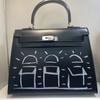 New House Graffiti 25cm Black Silver Buckle Cowhide Box Leather French Style Teasing Platinum