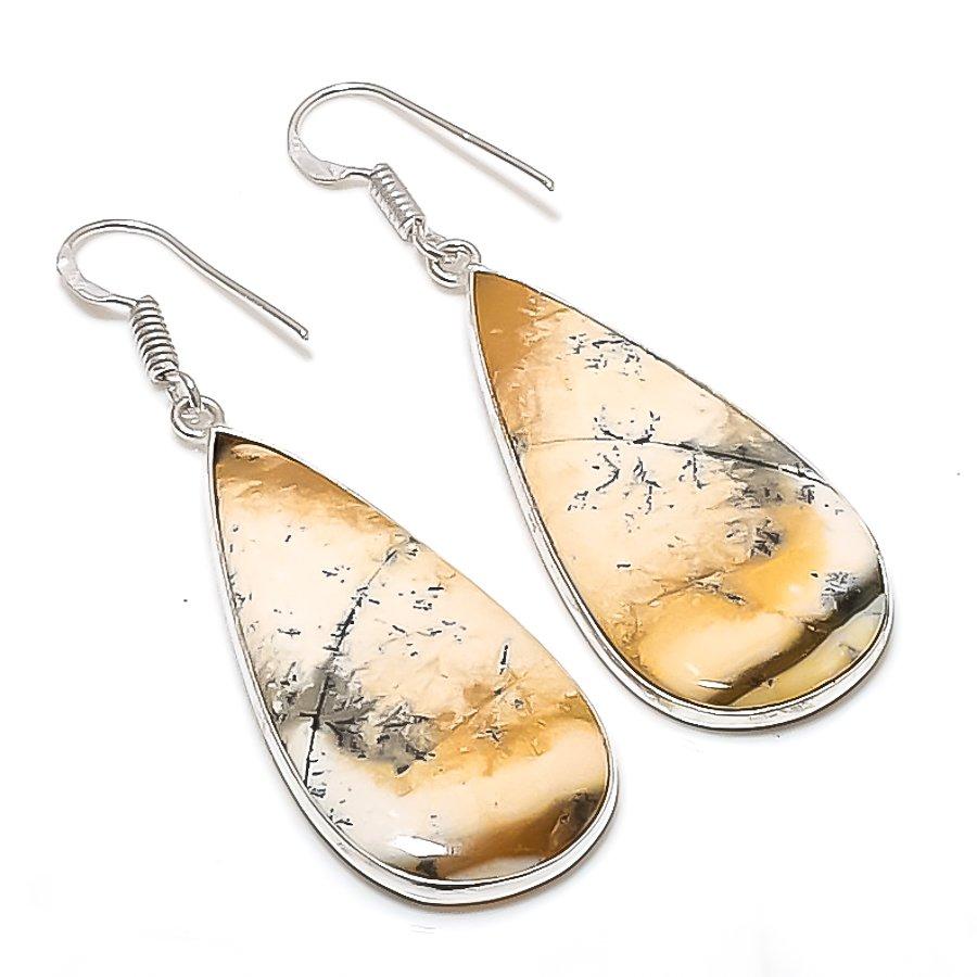 Натуральный медовый дендритный драгоценный камень Ручная работа Серьга из стерлингового серебра 925 пробы 2,25" AE-11537