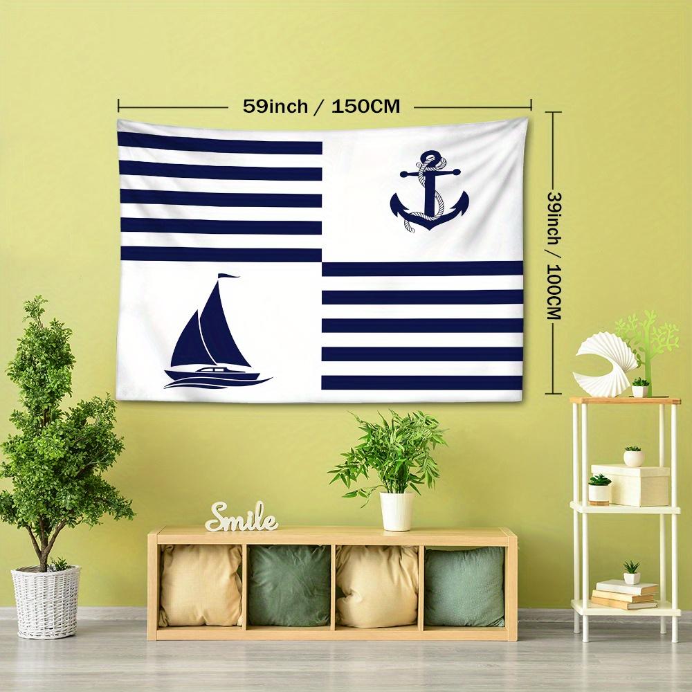 1pc Nautical Anchor and Sailboat Tapestry - Blue and White Striped Maritime Theme Wall Hanging, Polyester Woven Fabric, Animal Graphic Decor for Bedro