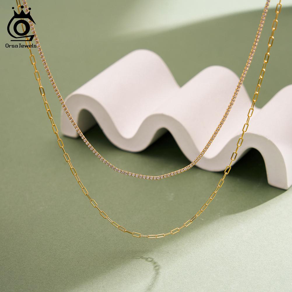 ORSA JEWELS Элегантное двухслойное ожерелье из стерлингового серебра 925 пробы для женщин Сексуальная Изысканная Чокер-цепочка Вечерние украшения BQN48