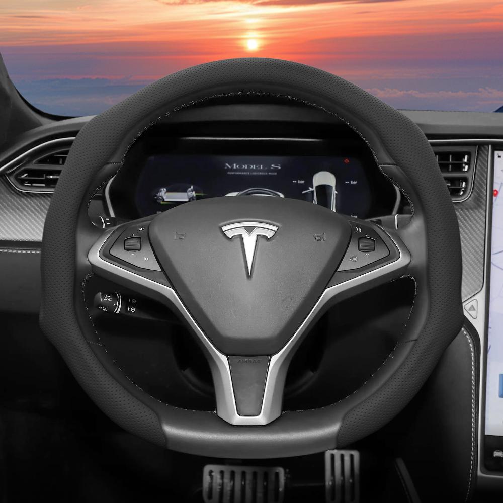 Подходит для Tesla, Чехол на перфорированное кожаное рулевое колесо, Нескользящий, Впитывающий пот, Дышащий, Интегрированный защитный чехол-защелка для Model 3 Y S