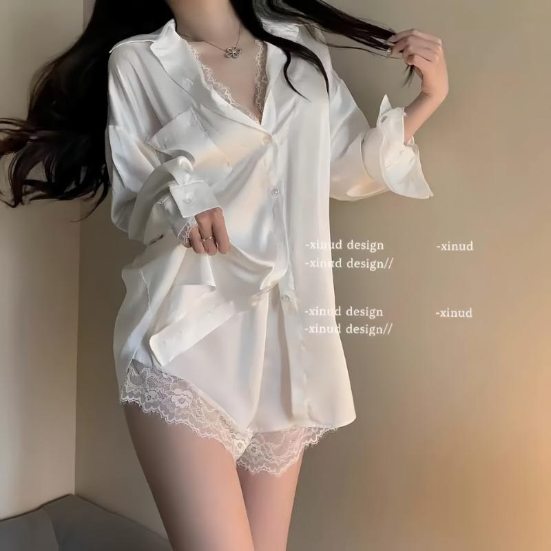 Сексуальное нижнее белье рубашка в стиле бойфренда ледяной шелк сексуальный большой размер чистое кружево атласная одежда для дома