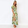 Women Evening Dress Bubble Sleeves Low-cut Off Shoulder Colorful Print A-line Big Hem Patchwork Hollow Out Pleated