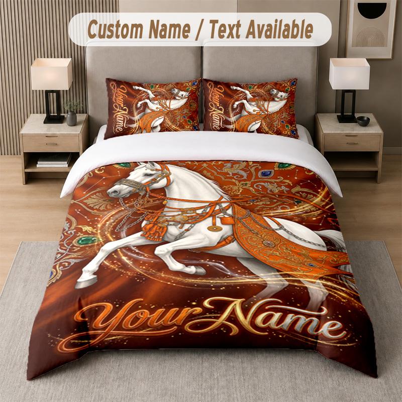 Набор постельного белья из 3 предметов на тему лошадей с индивидуальным текстом или именем: 1 простыня и 2 наволочки. Персонализированное домашнее постельное белье