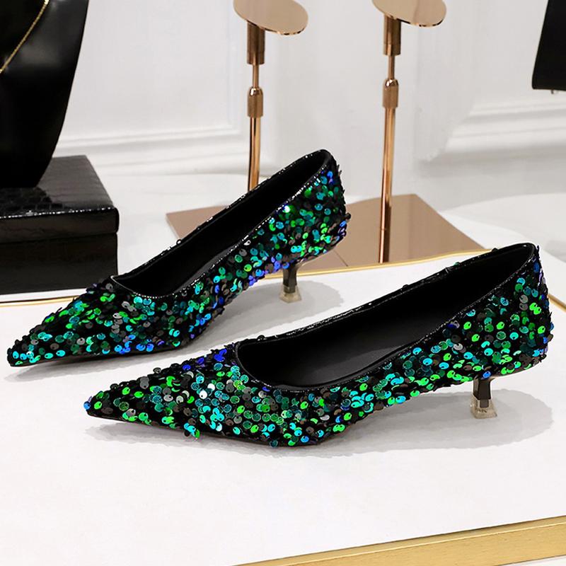 Shoes New Sequin Women's Shoes Sparkling Women Pumps Fashion Kitten Heels 4.5 Cm Low Heeled Luxury Banquet Shoes Size 43