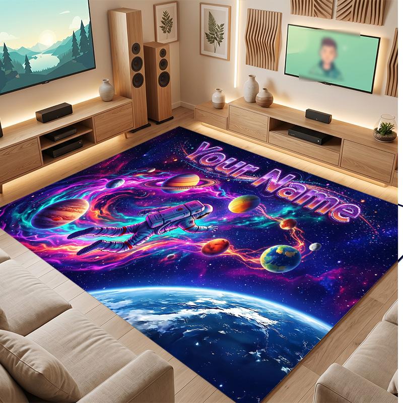Astronaut Space Theme Soft Crystal Velvet Rug Custom Name & Text Print Non Slip Floor Rug for Bedroom Living Room
