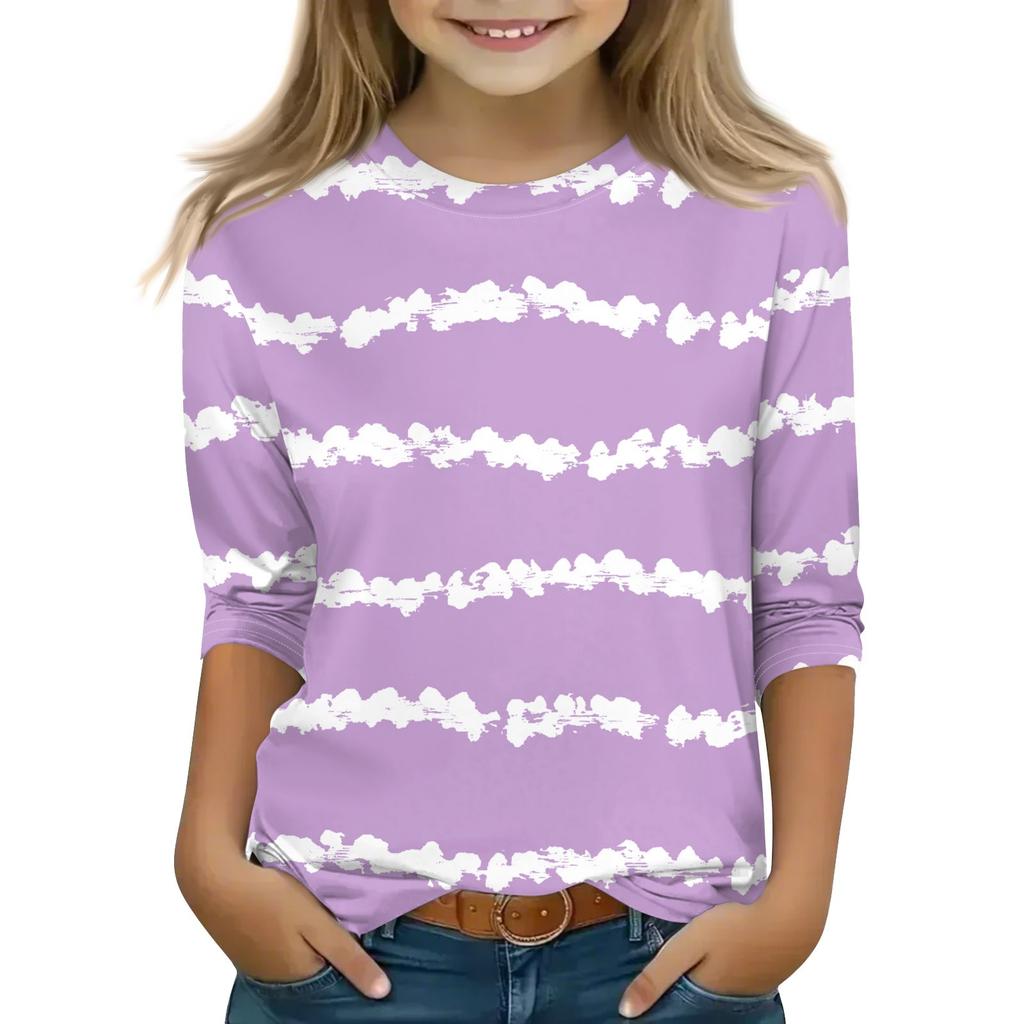 Print Tops For Youth Girls 5-16 Years Round Neck 3/4 Sleeves T-Shirts Trendy Tops Outfit Tees