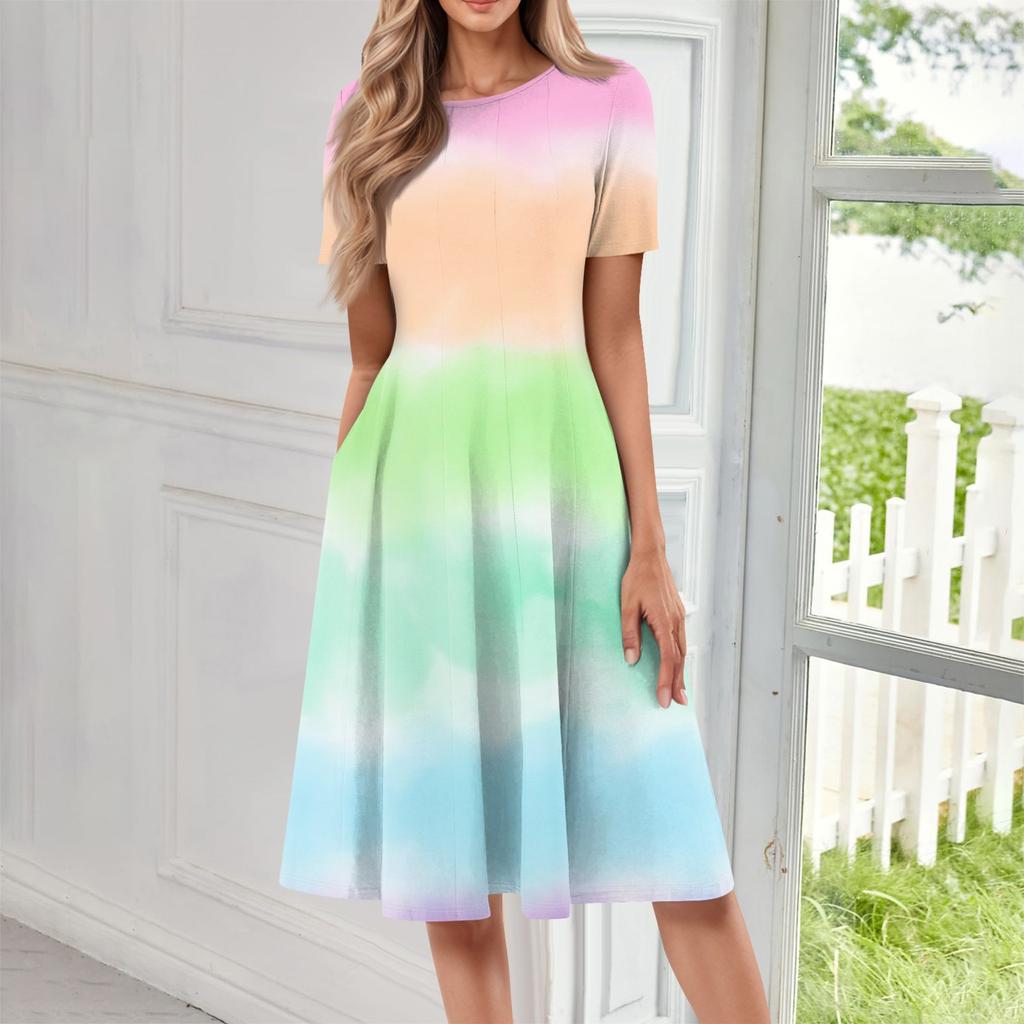Ladies Casual Fashion Round Neck Short Sleeve Mid-Length Gradient Dress