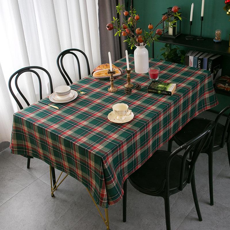 Christmas Plaid Linen Tablecloth Tea Table Cover Vintage American Decorative Fabric