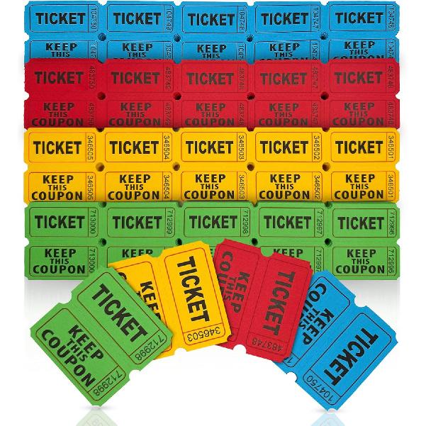 PM Company 1000 Pairs (2000 pcs) Raffle Tickets, 50/50 Double Raffle Tickets (Blue/Red/Green/Yellow) 250 Pairs Per Color, for Events, Carnivals,