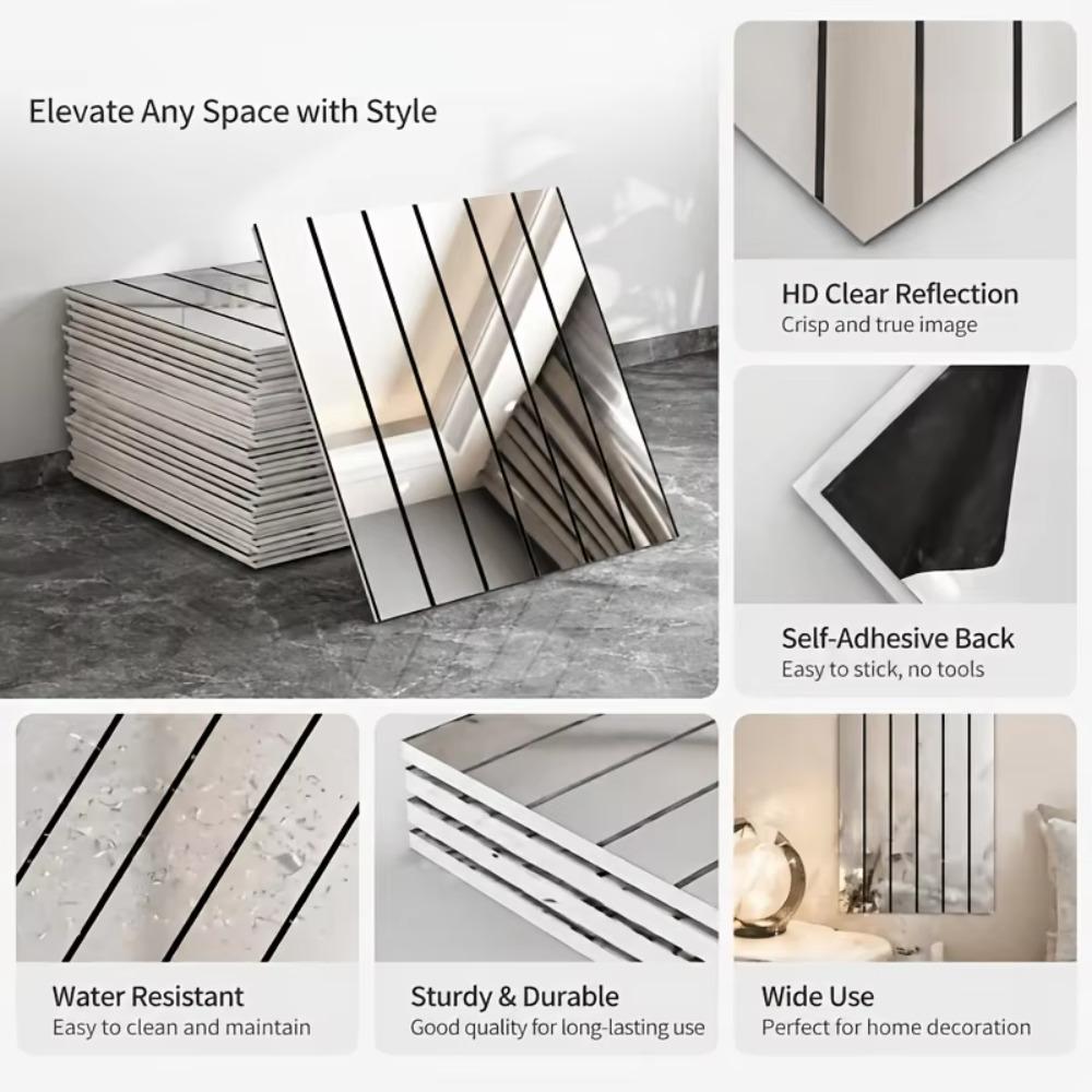 10PCS Reflective Mirror Wallpaper Stripe Pattern Grid Panel Wall Sticker Wall Panel Sticker TV Wall