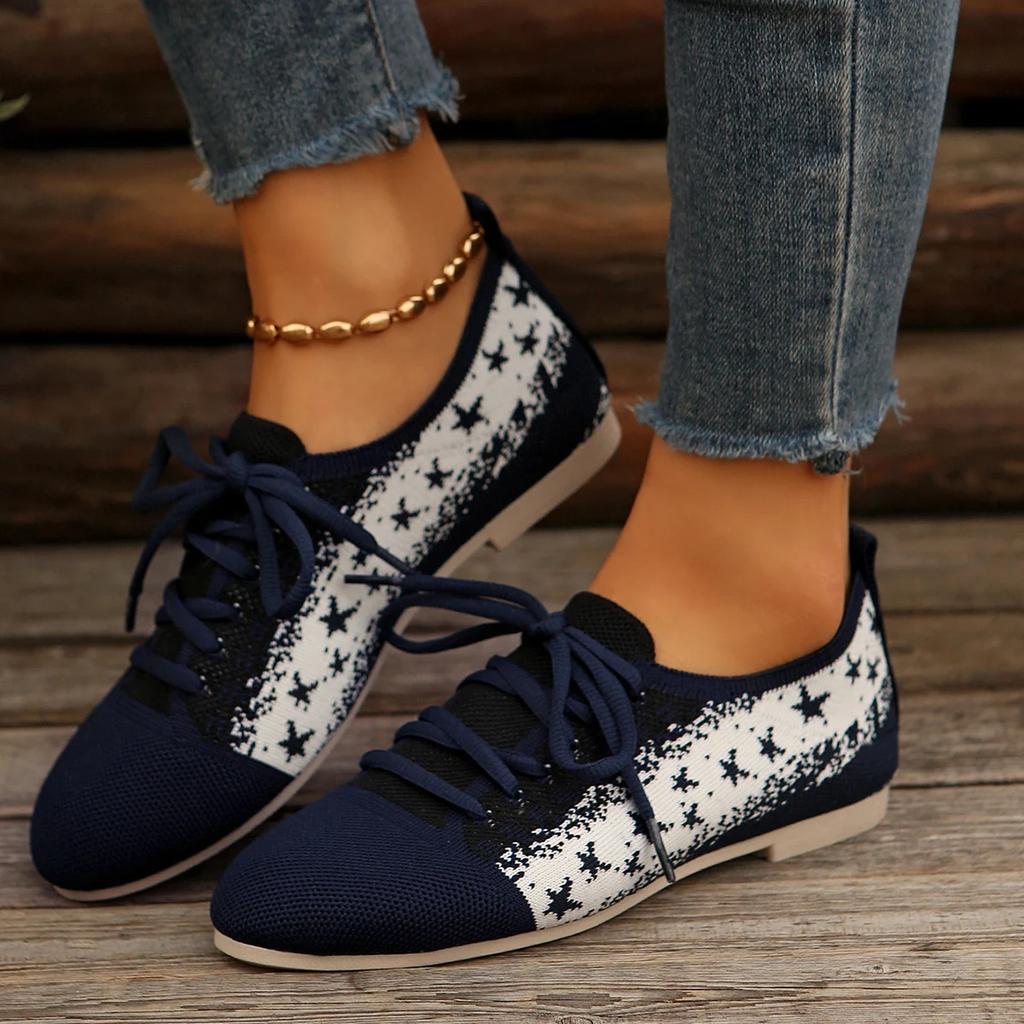 Women's Round Toe Flats Shoes Women Fashion Autumn Casual Lace-up Shoes Knitted Mesh Breathable Flat Shoes Woman Sneakers
