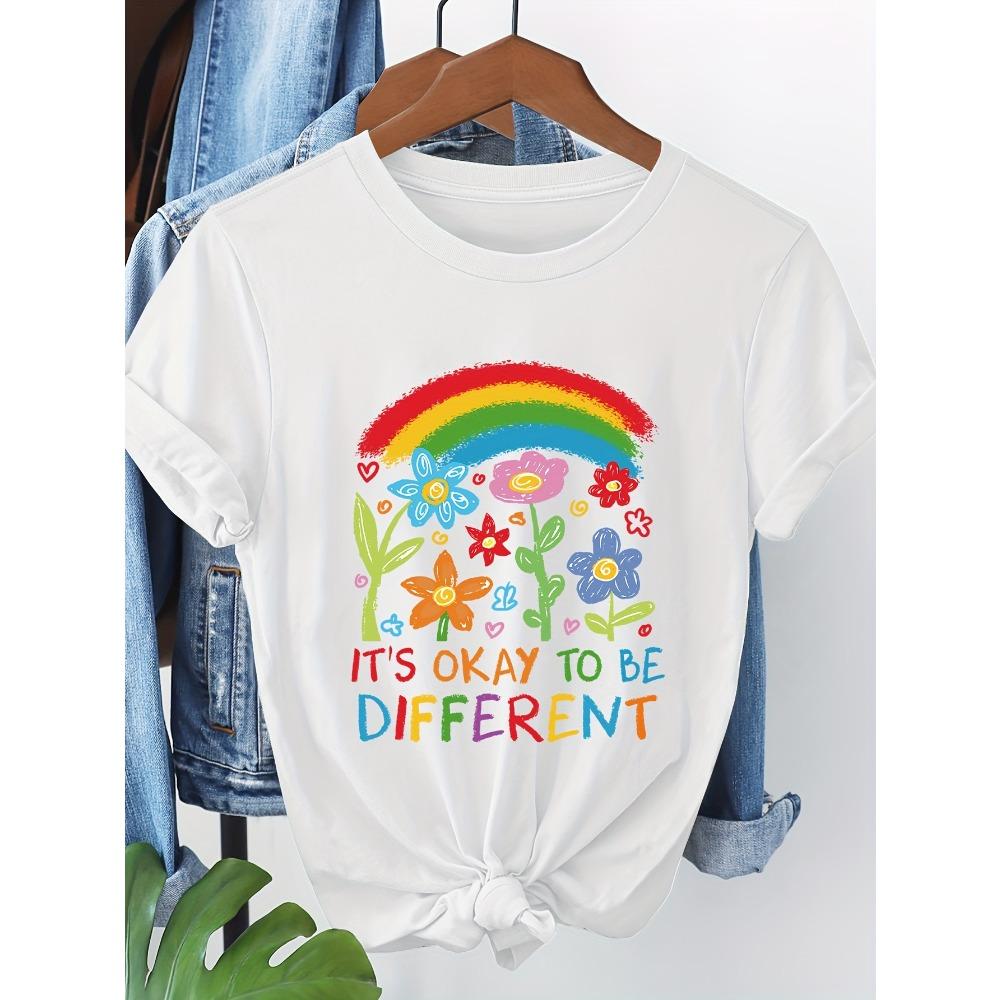 Женская футболка с коротким рукавом Радужный цветочный принт Буквы "It's Okay To Be Different" Летний повседневный топ с круглым вырезом