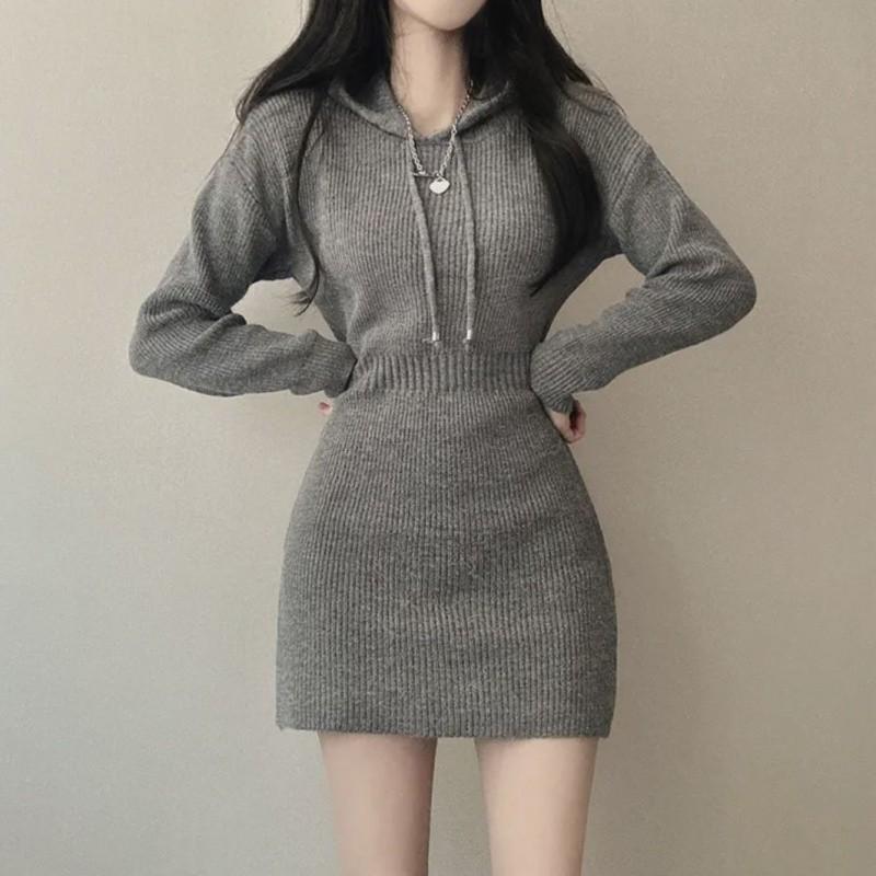 Women Winter Dress Knitted Sweater Solid Slim Elastic Hoodie Dress High Waist Vintage Pullovers Sniper Style Mini Dress Korean