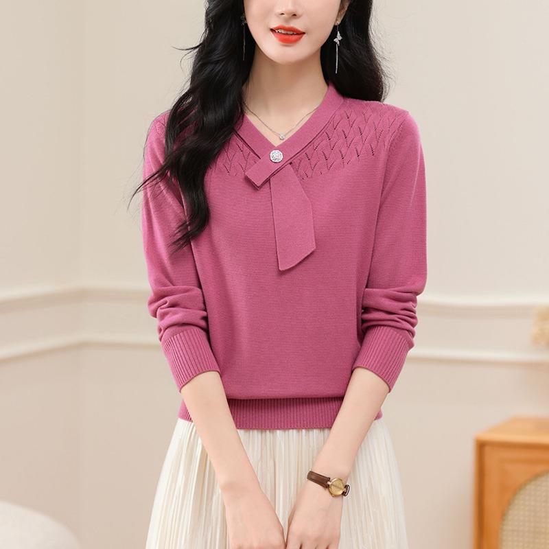 Autumn Winter V-neck Hollow Out Scarf Pullover Knitting Top Women Long Sleeve Solid Casual Bottomed Sweater