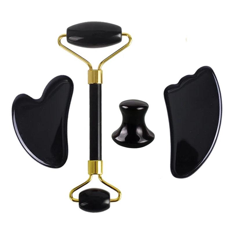 2/3/4pcs Natural Rose Quartz Obsidian Jade Roller Gua Sha Stone Set Gouache Scraper Facial Lifting Anti-Wrinkle Skin Care Tools